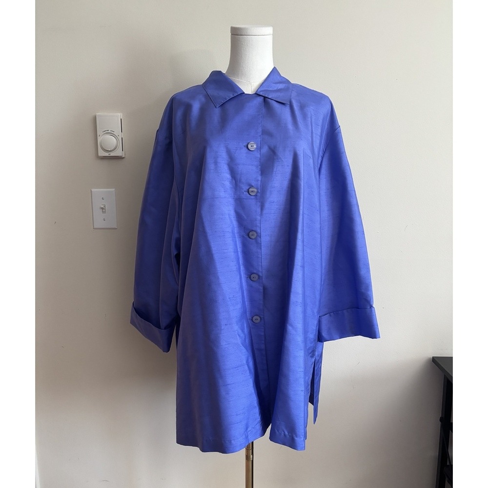 Silkland Womens Plus Size 3X Button Up Blouse 100% Silk Dupioni Blue Purple Chic
